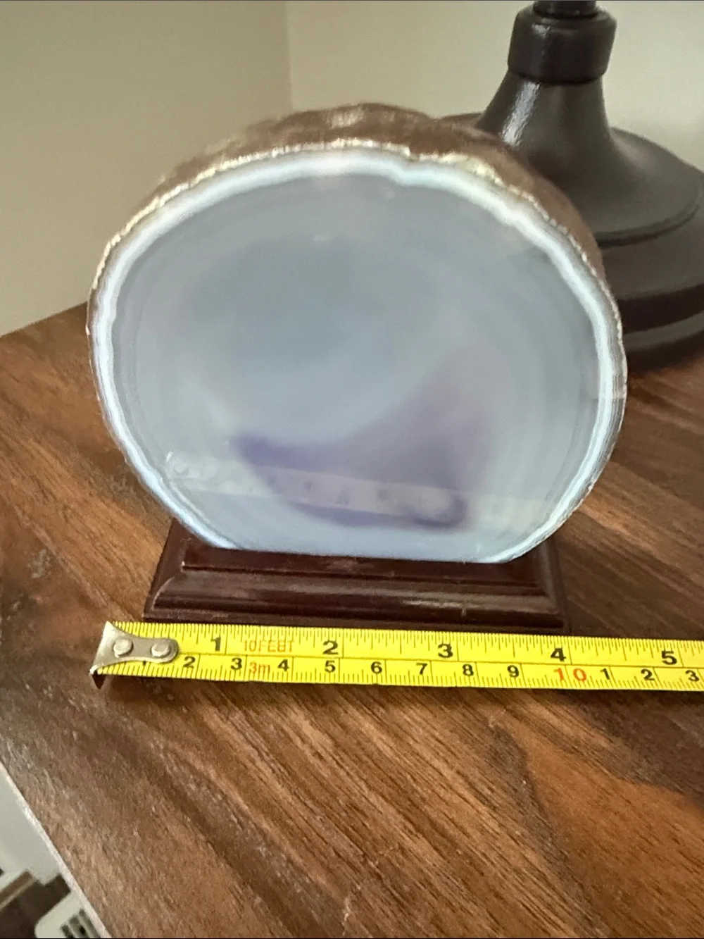 Natural Blue Banded Agate Slice on Wood Display Stand Druzy Crystal Decor